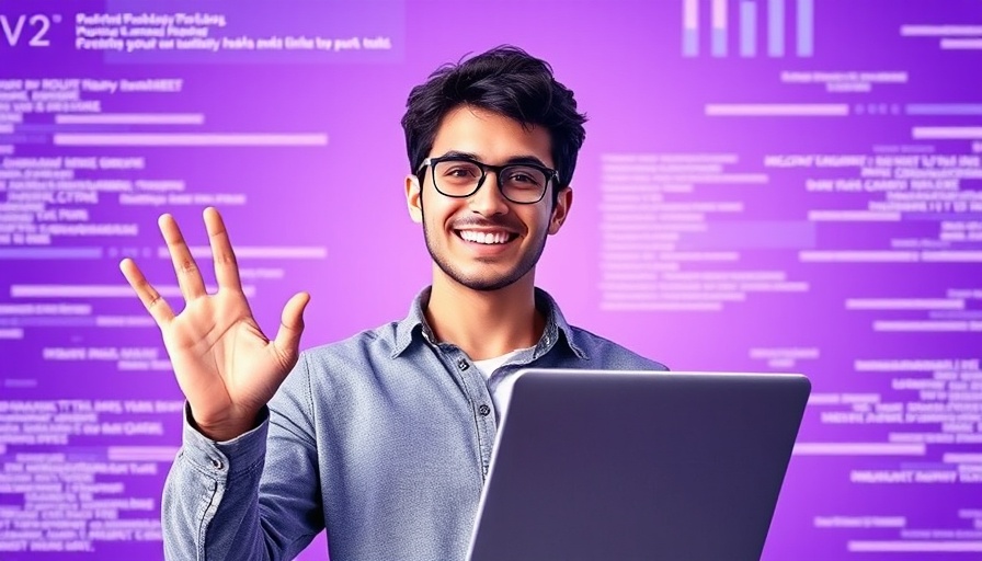 Influencer marketing automation with human touch, smiling man with laptop.