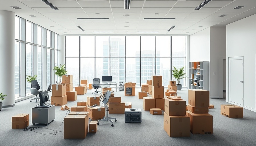 Office space with moving boxes and scattered equipment, equipment leasing.