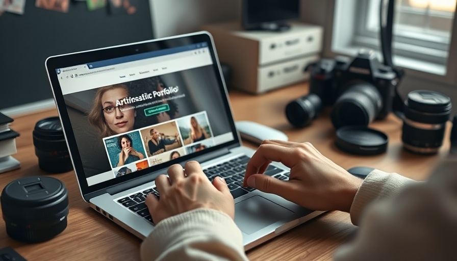 Artist using laptop with portfolio website, showcasing website builders for artists.