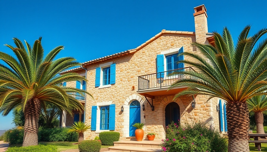 Charming Mediterranean vacation home with blue shutters and palm trees.