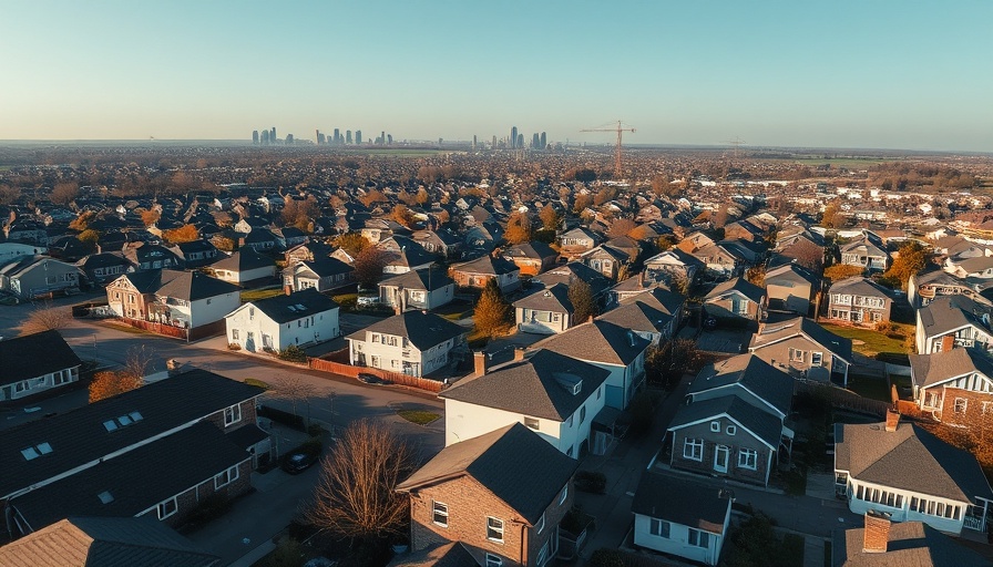 Panoramic aerial view of suburban homes near city skyline highlighting wildfire risks.