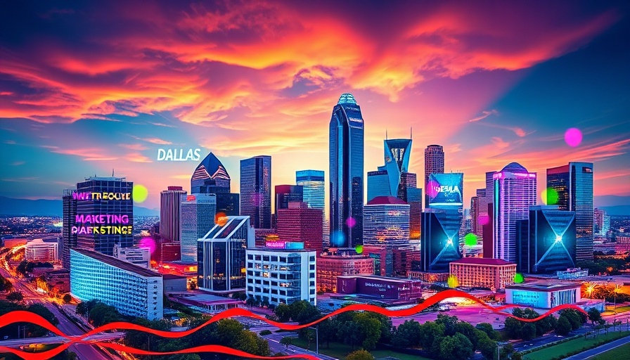 Vibrant Dallas scene with social media marketing theme.