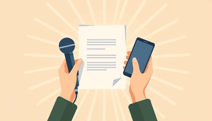 Simplistic illustration of a press release concept with hands holding documents, a microphone, and a smartphone.