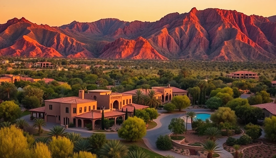 Desert landscape with villas near red rocky mountain, short-term rentals.
