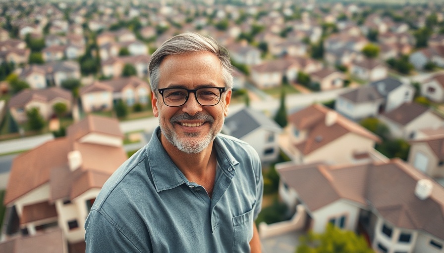Smiling man discussing property investment with aerial suburb view.