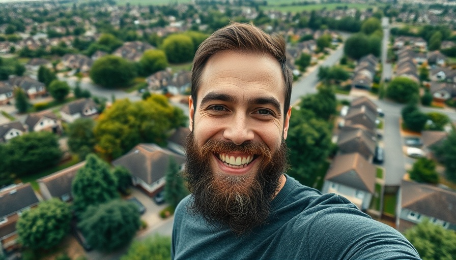 Person smiling against suburban homes, mortgage rates.