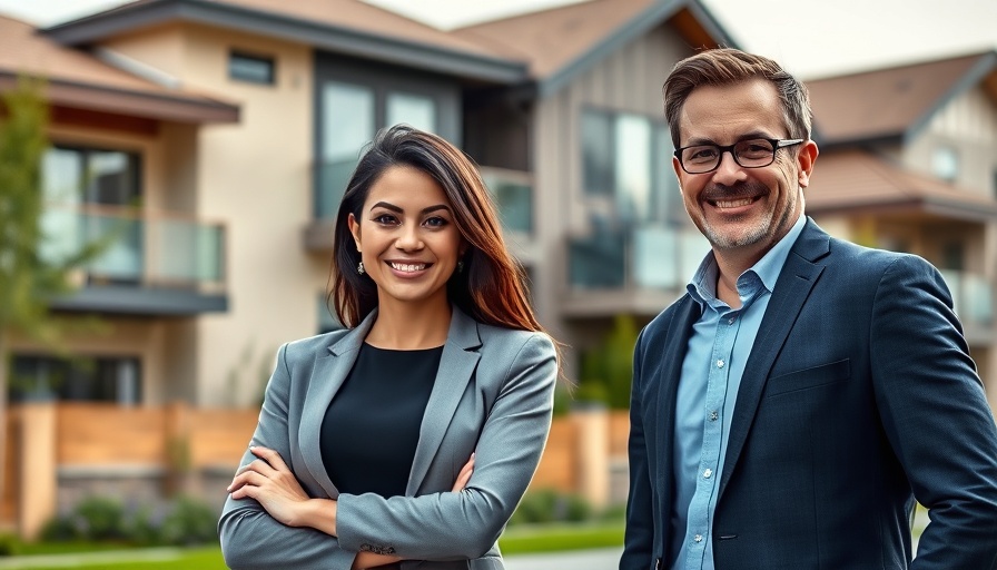 Portrait of smiling man and woman in front of modern houses related to rental management.