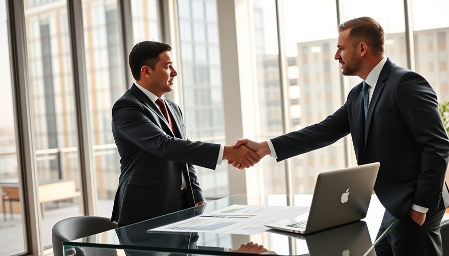 Business loan brokers in modern office handshake.