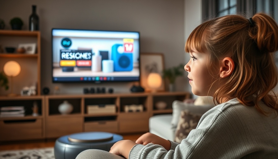 Young girl watching TV commercials in modern living room.