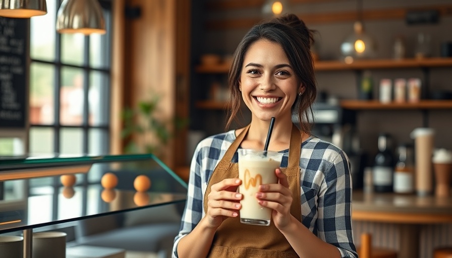 Franchise ownership woman smiling with drink in cozy cafe.
