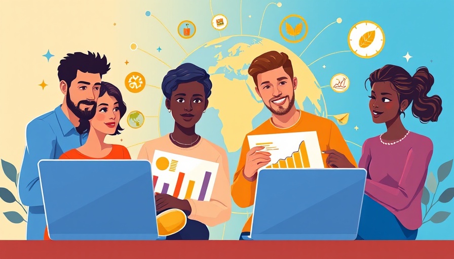 Illustration of supply chain management teamwork with global icons.