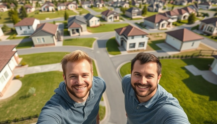 Smiling men with suburban homes promoting Free Living Cities 2025.