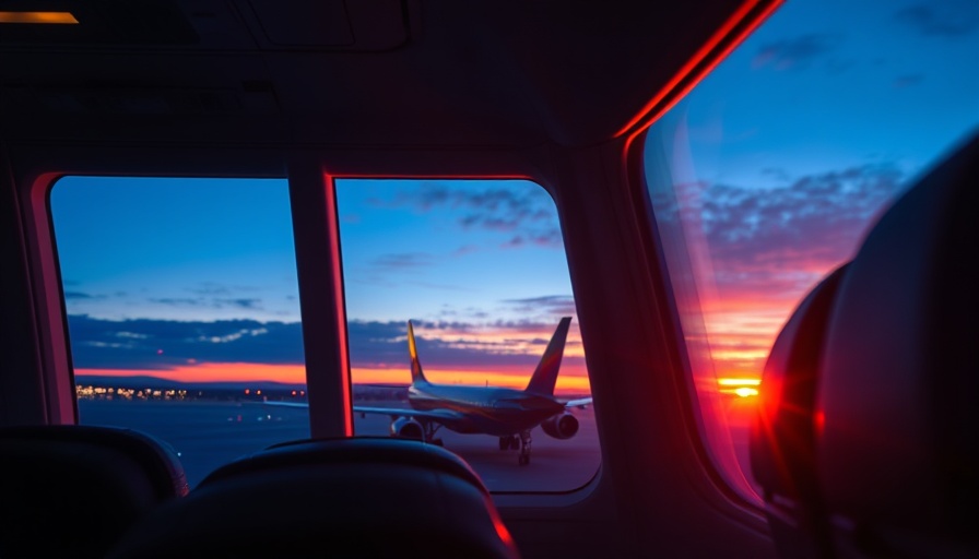 View through airplane window at sunset, Save on Air Travel
