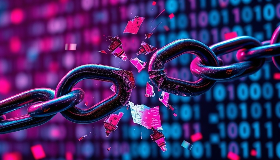 Abstract tech antitrust with broken digital chains and icons.