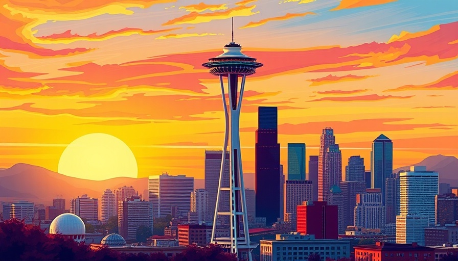 Colorful Seattle skyline with Space Needle, sunset background.