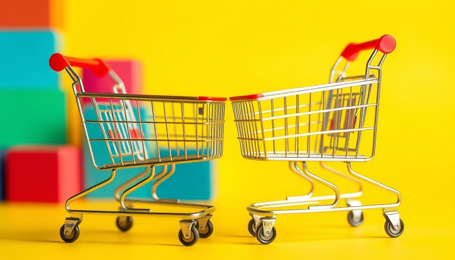 Miniature shopping carts facing off against colorful blocks on a yellow background.