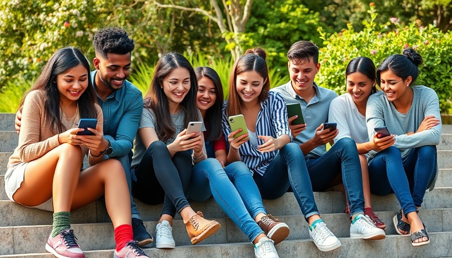 Young people using smartphones outdoors, vibrant and social.
