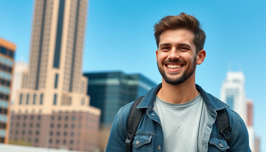 Young man outdoors smiling near a tall building with a clear sky.