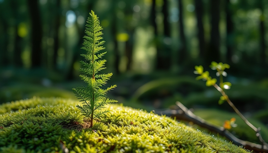 Lush evergreen sapling in forest setting, rich in detail.