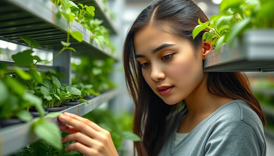 AI agriculture scene with focused young woman tending plants