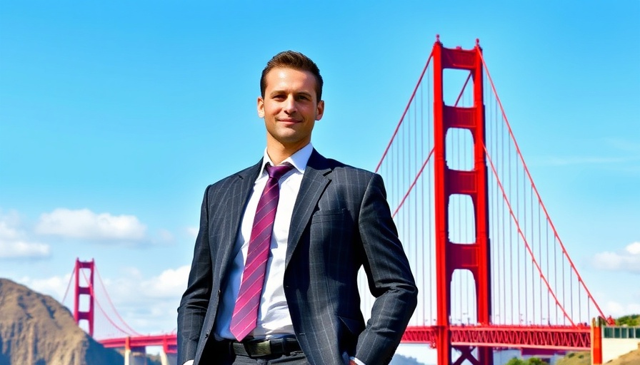 Social media marketing CEOs concept with businessman and Golden Gate Bridge.