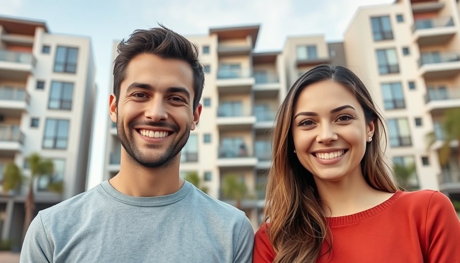 Two smiling people in front of modern homes; Stack Method concept.