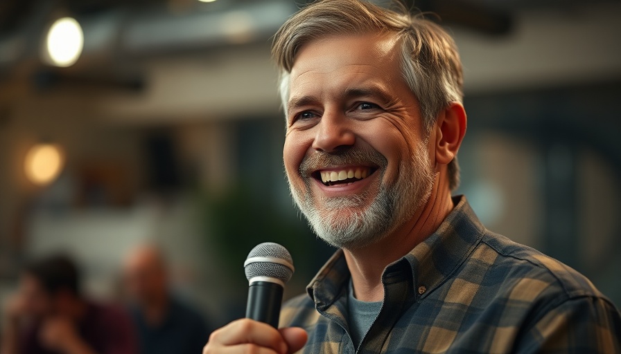 Middle-aged man smiling and holding a microphone, discussing conversion results.