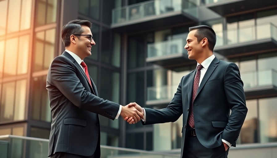 Businessmen shaking hands in front of modern building.