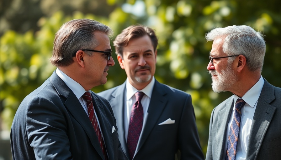 Two men in formal suits conversing outdoors, discussing real estate investments.