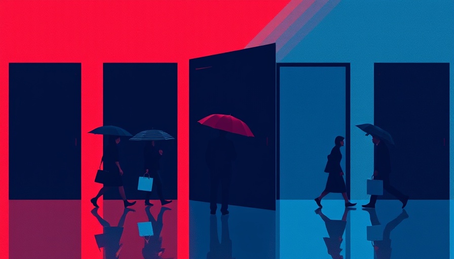 Abstract illustration representing tech layoffs with umbrellas and doorways