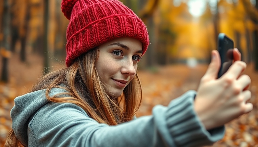 Young woman capturing a selfie in a fall forest, Instagram Stories style.