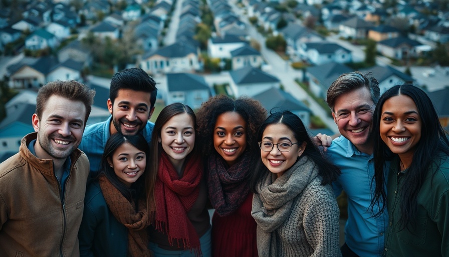 Diverse group smiling in front of suburban homes, 2025 housing market.