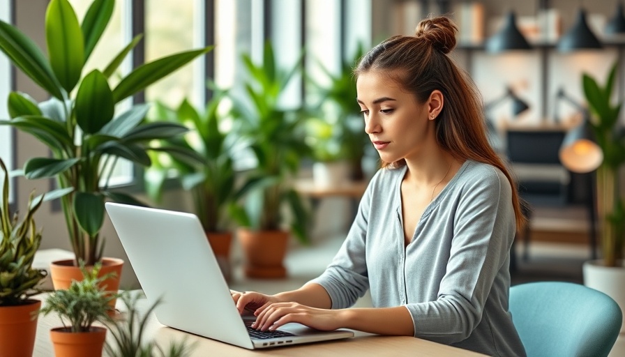 Young woman using laptop in a creative workspace with AI video generators.