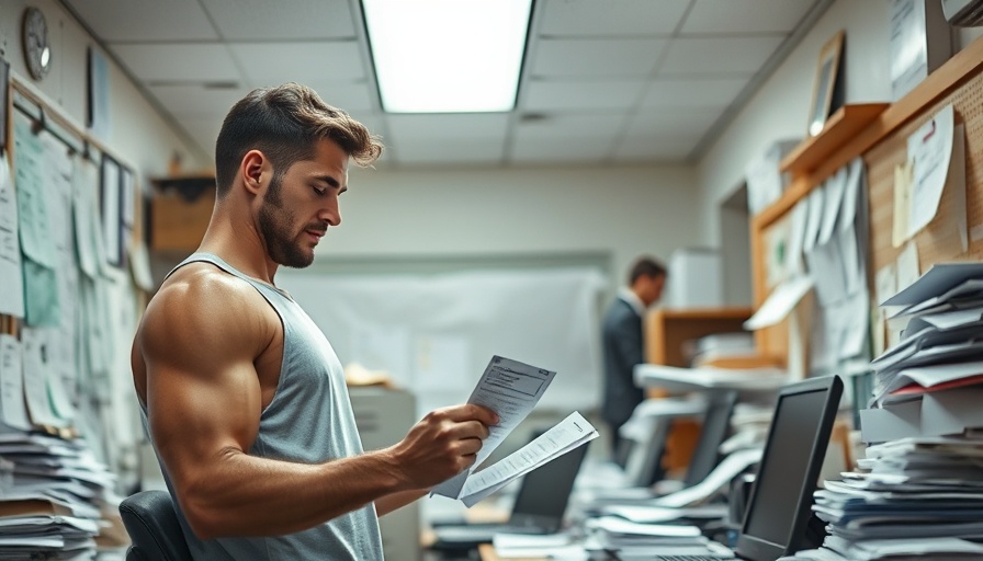 Athletic man reviewing receipts in cluttered office, fintech investment scene.