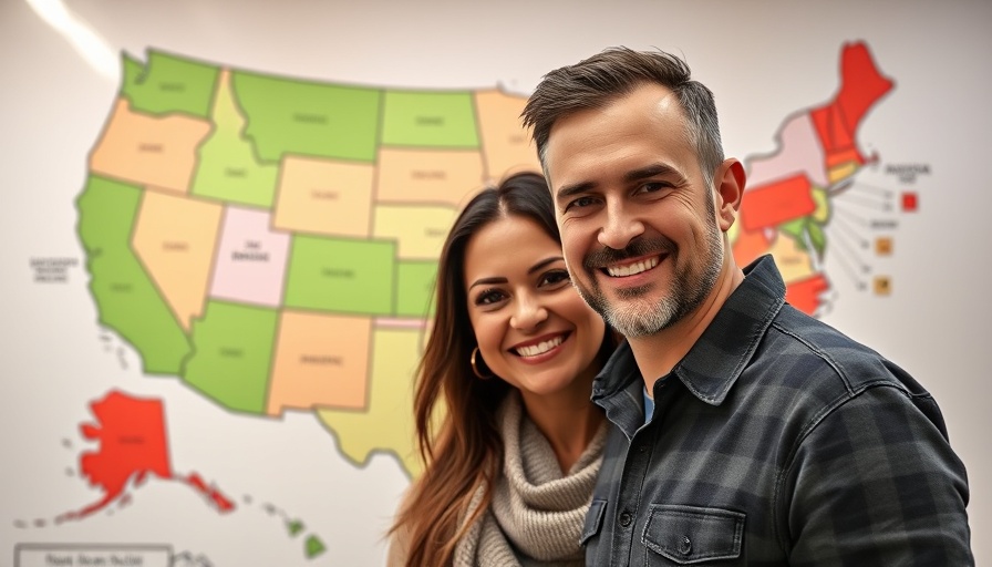 Smiling people with USA map highlighting out-of-state real estate.