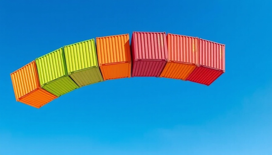 Colorful arch of shipping containers against blue sky, related to freight broker skills.