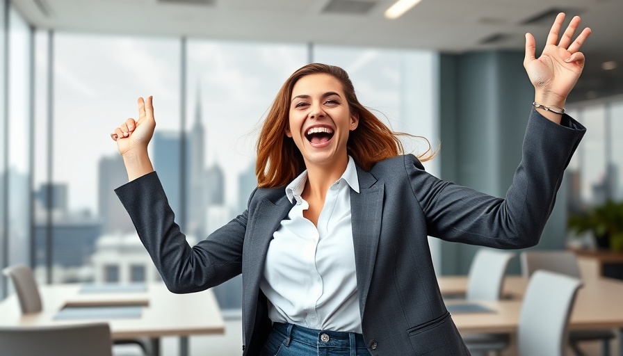 Influencer marketing celebration with young woman in business attire.