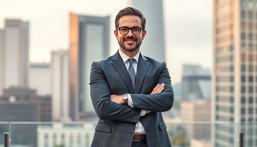 Confident CEO in marketing graphic, social media icons, Milan backdrop.