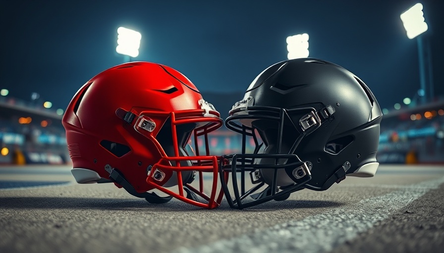 Football helmets facing each other in front of a lit stadium.