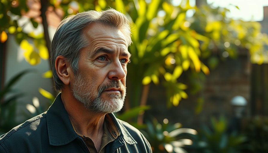 Middle-aged man in colorful shirt, thoughtful in an urban garden setting.