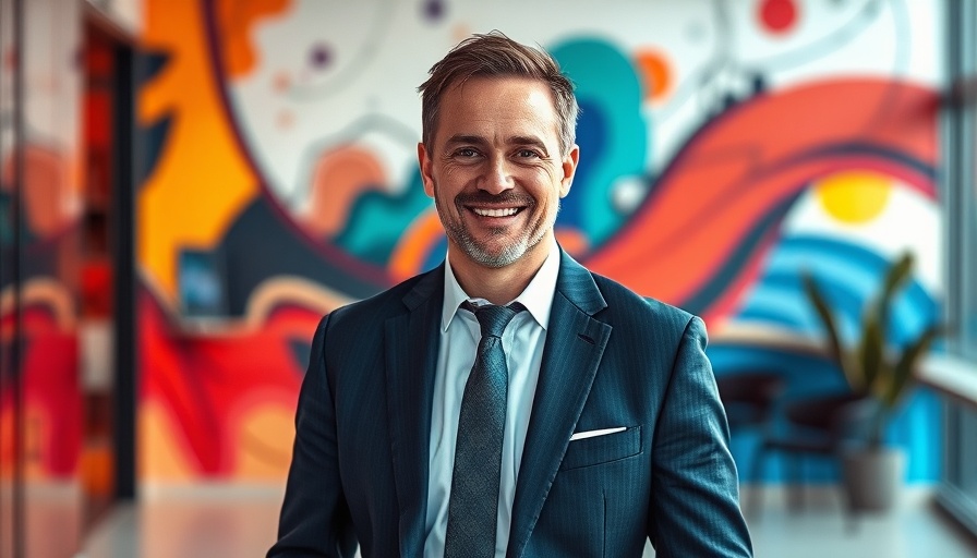 CEO in suit in front of abstract mural background, Houston.
