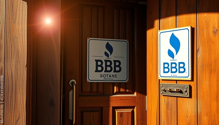 BBB Accreditation sign on a rustic door with open sign.