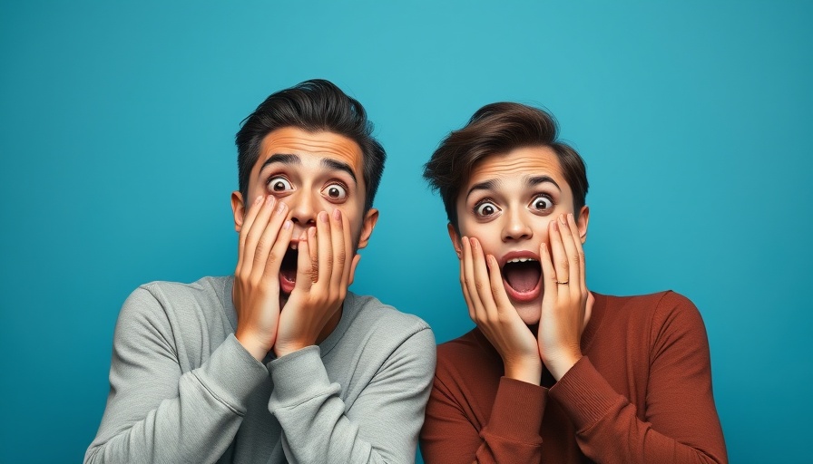 Surprised expressions of two people on a gradient background related to rental property investment.