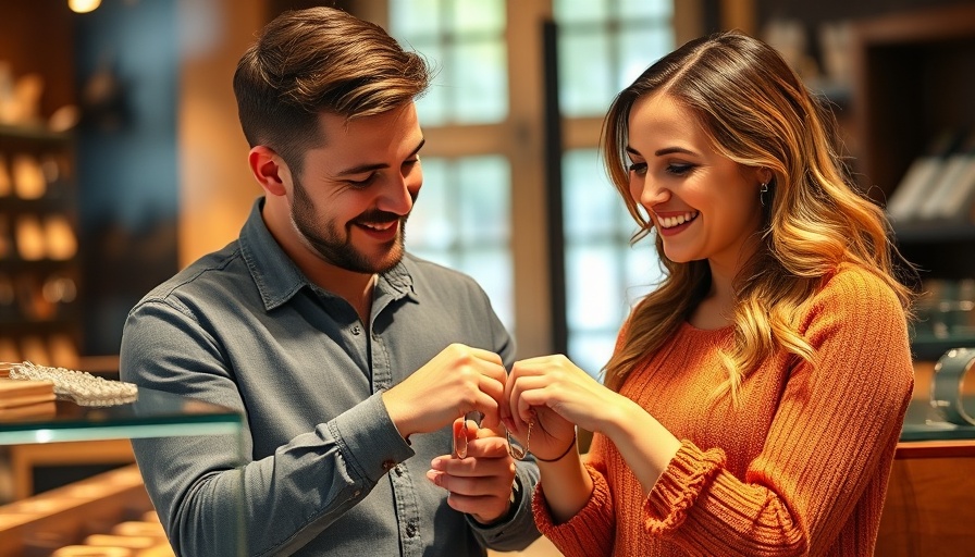 Joyful couple selecting bracelets in a boutique for storytelling marketing.