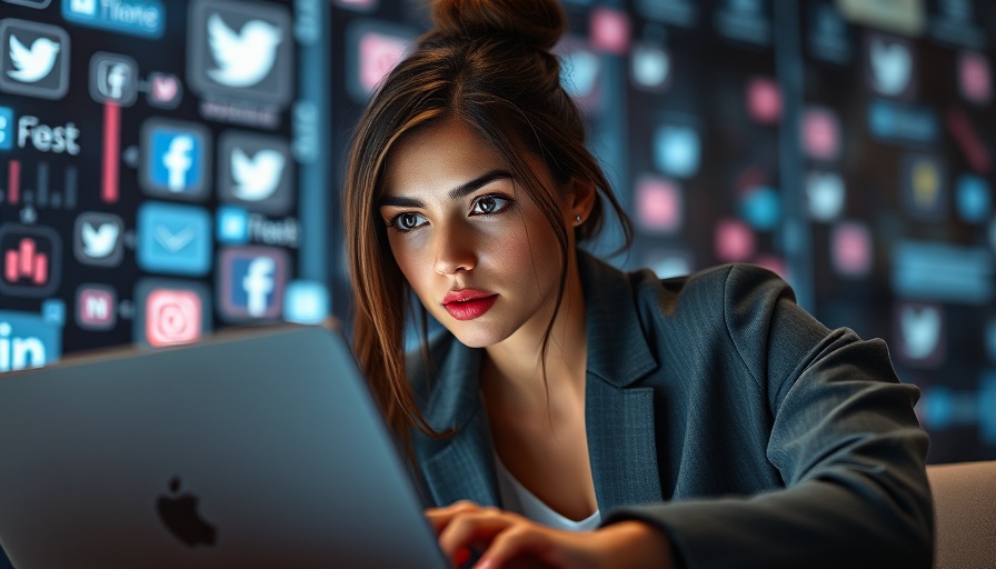 Social Media Marketing in 2025: young woman using laptop in futuristic setting.