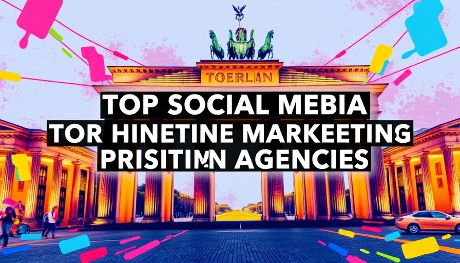 Colorful digital art of Berlin's Brandenburg Gate with marketing text.