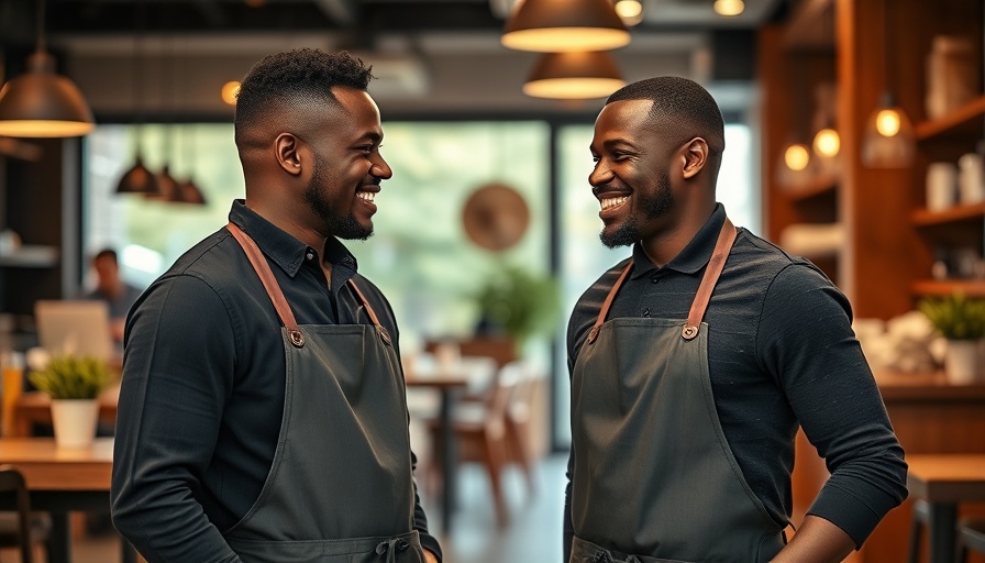 Friendly interaction between two Black business owners in a modern cafe.