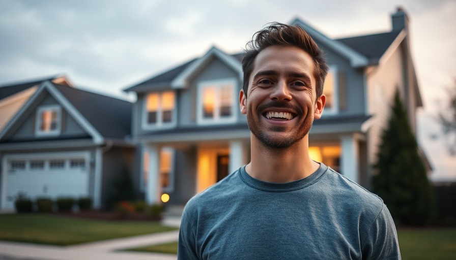 Smiling man in front of a suburban home with podcast logo.