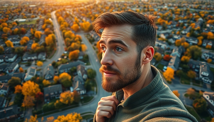 Man pondering asset trends, suburban neighborhood aerial view, 2025 Asset Bubble