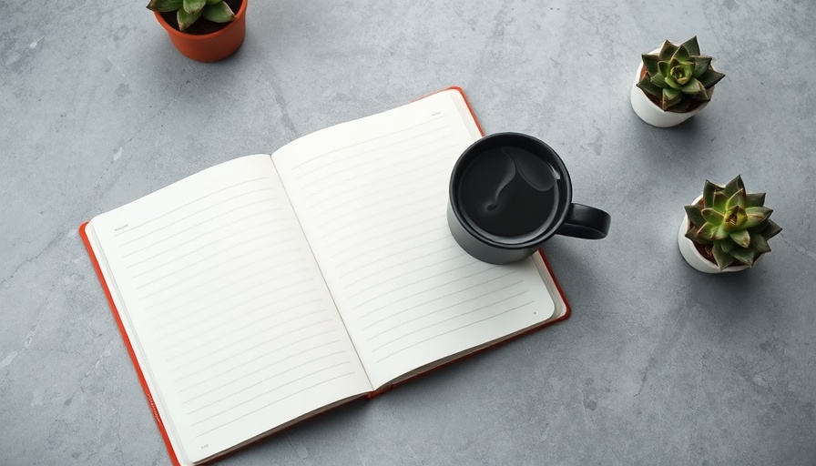Minimalist workspace with notebook and coffee cup, AI marketing tools